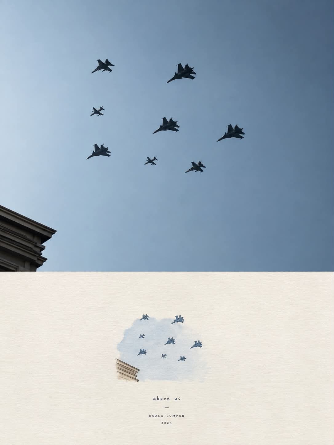 Watercolor postcard of jets over Kuala Lumpur, repainted from a real photo