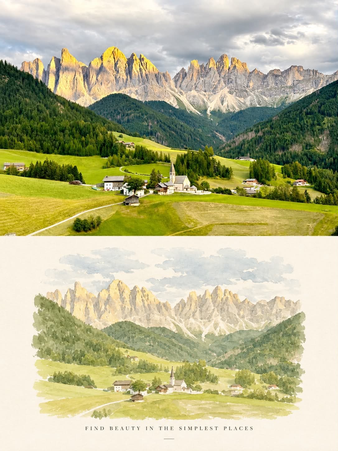 Watercolor postcard of a village in the Dolomites, Italy, repainted from a real photo