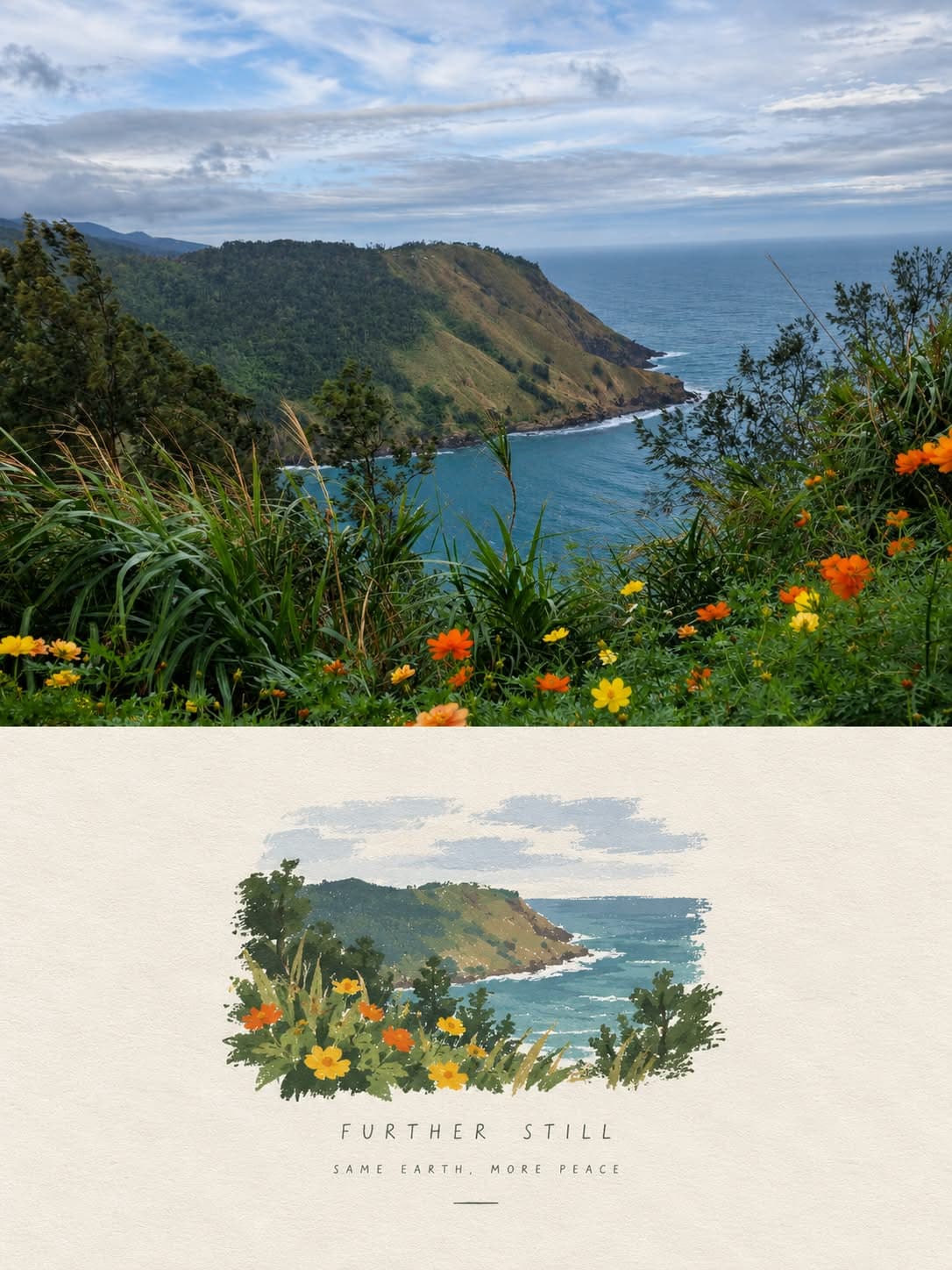 Watercolor postcard of a coastal cliff in bloom, repainted from a real photo